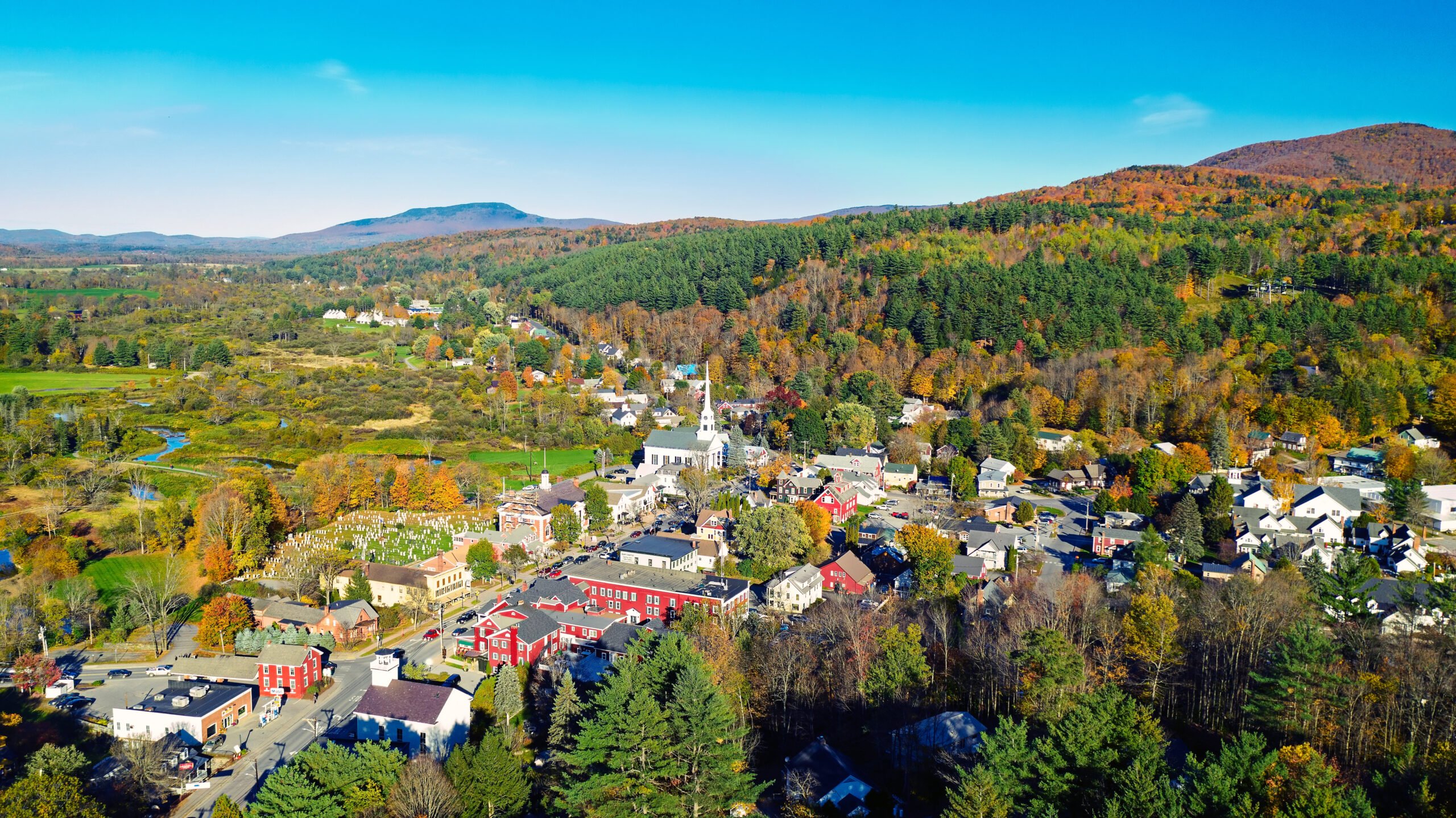 Aerial view of rural Stowe Vermont